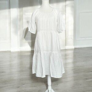 OLD NAVY Crinkle‎ Gauze Tiered Puff Sleeve Knee High Dress White XS Tall Peasant